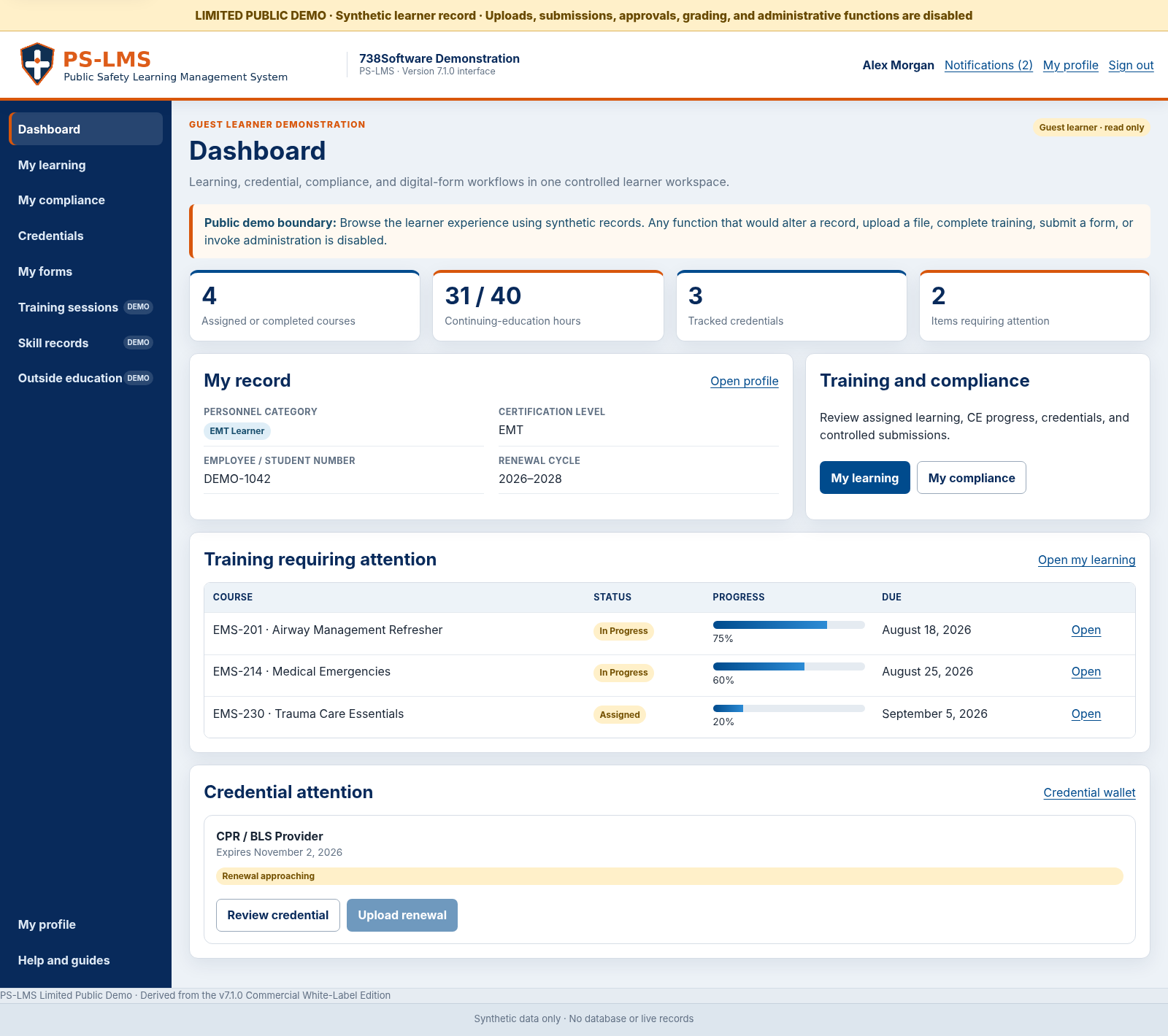 PS-LMS learner dashboard preview